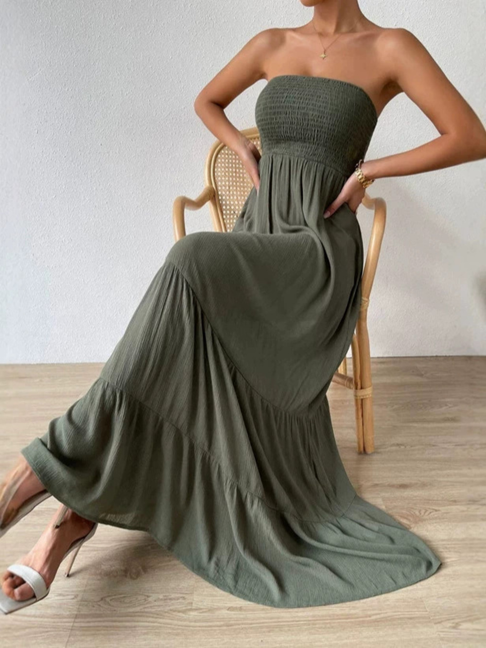 Zara Army Green Strapless Maxi Dress High Waist Ruffle A-Line Beach